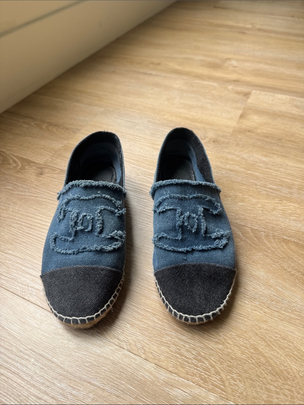 CHANEL Blue Canvas Espadrilles with Black Toe Cap